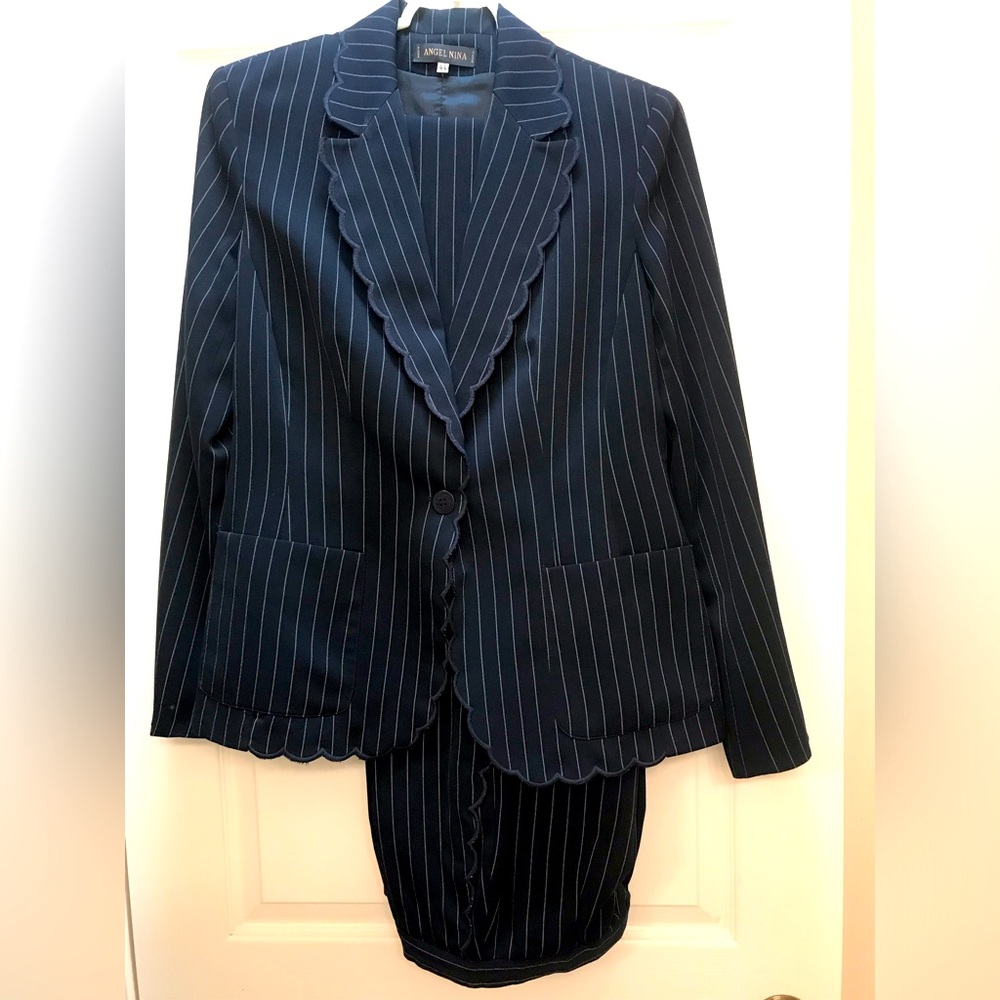 Navy Blue Pin Stripe Pantsuit with stylish  scalloped edging French Design Size8